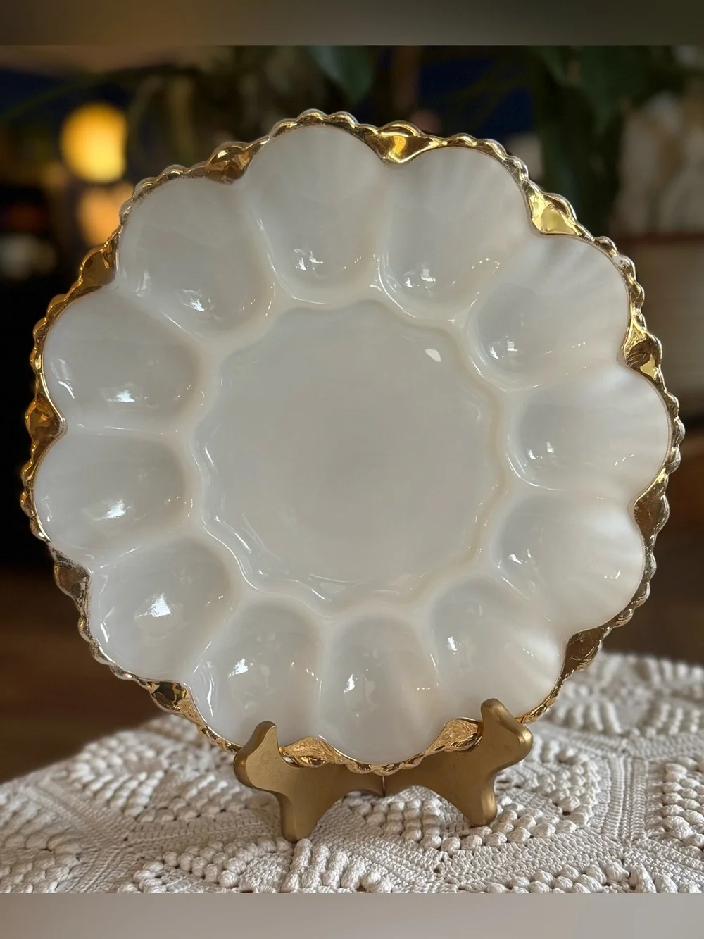 VTG Anchor Hocking White and Gold Egg Platter